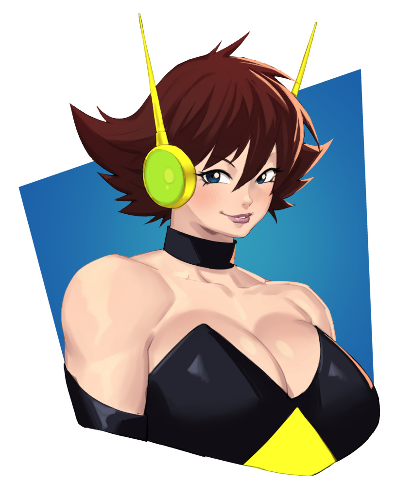 1girl avengers_(series) bare_shoulders blue_eyes blush breasts brown_hair choker cleavage collarbone drakkaiart female_focus headphones highres janet_van_dyne large_breasts lips looking_at_viewer marvel parted_lips short_hair solo wasp_(marvel)