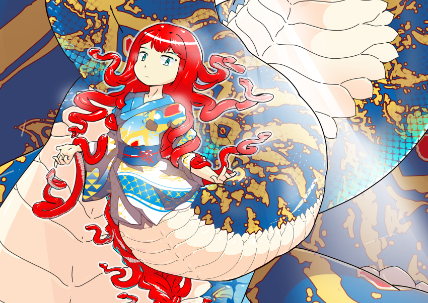 1girl absurdres blue_tail commentary_request dot_nose green_eyes highres japanese_clothes kimono kind6019 lamia long_hair looking_at_viewer monster_girl obi obijime original outstretched_arms red_hair sash snake_hair solo spread_arms two-tone_tail unconventional_snake_hair very_long_hair wide_sleeves yellow_tail