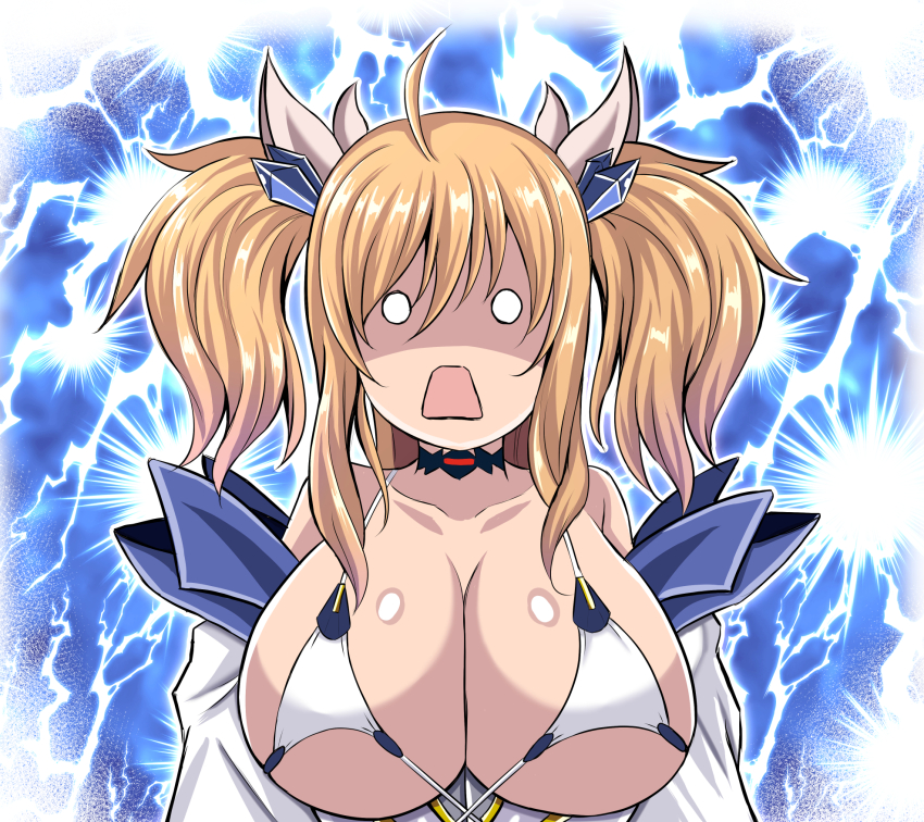 1girl blonde_hair breasts chibi choker highres huge_breasts kanna_(minamozuki) long_hair looking_at_viewer onizaki_kirara shiny_skin solo surprised taimanin_(series) taimanin_rpgx twintails