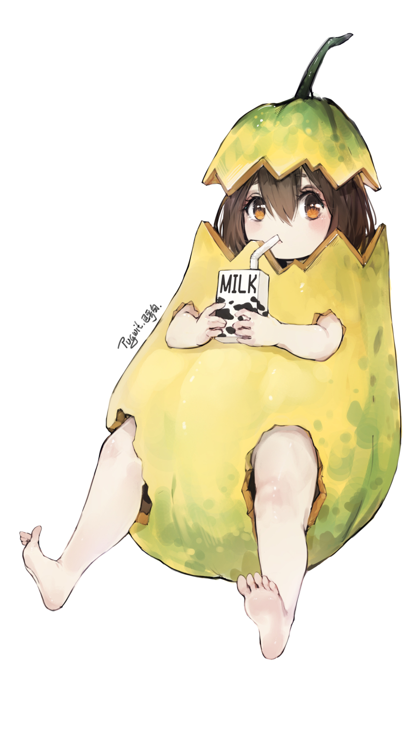 1girl absurdres bendy_straw brown_eyes brown_hair drinking drinking_straw feet food food_costume highres holding holding_milk_carton milk_carton original papaya pugwit simple_background solo white_background