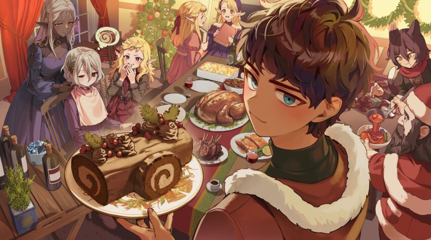 3boys 5girls animal_ears bags_under_eyes beard black_eyes black_hair blonde_hair blue_eyes blush braid cake cat_ears cat_girl christmas christmas_cake christmas_tree cithis curly_hair dark-skinned_female dark-skinned_male dark_elf dark_skin dinner dress dungeon_meshi dwarf elf facial_hair facial_mark fleki food forehead_mark green_eyes grey_hair hair_ornament hair_ribbon half_up_braid highres holding holding_food indoors izutsumi jewelry kabru lazy_eye long_hair looking_at_viewer marcille_donato mayomayoland mithrun multiple_boys multiple_girls mustache notched_ear on_chair pattadol pointy_ears purple_eyes red_scarf ribbon santa_costume scarf senshi_(dungeon_meshi) short_hair sitting smile table uneven_eyes yellow_eyes