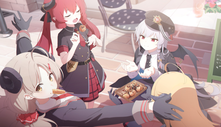 4girls absurdres ahoge akari_(blue_archive) black_coat black_dress black_gloves black_headwear black_horns black_necktie black_wings blonde_hair blue_archive blush closed_eyes coat coat_on_shoulders collared_shirt demon_horns demon_wings dress fake_wings fang food gloves grey_hair haruna_(blue_archive) hat highres horns izumi_(blue_archive) junko_(blue_archive) light_brown_hair long_hair long_sleeves multiple_girls necktie open_mouth peaked_cap red_eyes red_hair shirt single_wing skin_fang smile soeyumi takoyaki white_shirt wings yellow_eyes