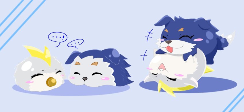 blush bowmon closed_eyes digimon dog fusamon happy highres pacifier playing pusumon pusurimon shadow