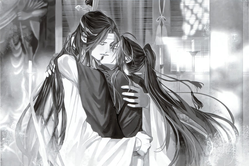 2boys ahoge bishounen blush candle candlestand chinese_clothes closed_eyes couple curtains from_side greyscale hair_ornament hair_ribbon hanfu headband high_ponytail highres hug indoors kiss lan_wangji long_hair long_sleeves looking_at_another male_focus mg_ms_dayo modao_zushi monochrome multiple_boys official_art parted_lips ponytail profile ribbon robe sidelocks sleeves_past_wrists smile statue tassel tassel_hair_ornament third-party_source topknot upper_body very_long_hair wei_wuxian wide_sleeves window window_blinds xiao_guan_(headdress) yaoi