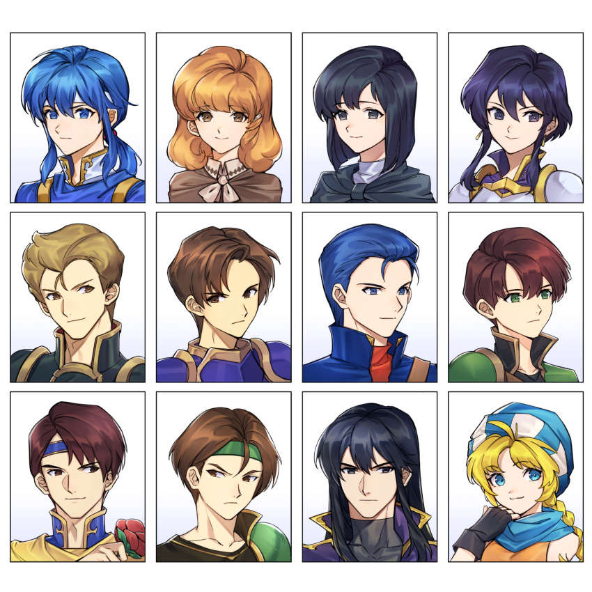 4girls 6+boys :&gt; :3 adjusting_scarf ahoge armor black_armor black_gloves blonde_hair blue_armor blue_cape blue_eyes blue_hair blue_hat blue_headband blue_scarf blunt_ends bob_cut bow bowtie braid breastplate brown_bow brown_bowtie brown_cape brown_eyes brown_hair cape closed_mouth collarbone covered_collarbone curly_hair curtained_hair deimne_(fire_emblem) diarmuid_(fire_emblem) double-parted_bangs earrings fingerless_gloves fire_emblem fire_emblem:_genealogy_of_the_holy_war flower frown gloves gold_earrings green_armor green_eyes green_headband grey_cape grey_eyes hair_between_eyes hair_slicked_back hat headband high_collar highres holding holding_flower iuchar_(fire_emblem) iucharba_(fire_emblem) jewelry lana_(fire_emblem) larcei_(fire_emblem) lester_(fire_emblem) long_hair looking_at_viewer looking_to_the_side low_ponytail medium_hair muirne_(fire_emblem) multiple_boys multiple_girls nintendo orange_hair orange_tunic parted_bangs patty_(fire_emblem) pauldrons ponytail popped_collar portrait red_flower scarf seliph_(fire_emblem) shannan_(fire_emblem) short_hair short_hair_with_long_locks shoulder_armor side_part sidelocks silvercandy_gum simple_background single_braid sleeveless_tunic smile smirk straight_hair tristan_(fire_emblem) tunic turtleneck v-shaped_eyebrows white_background white_headband wing_collar yellow_cape