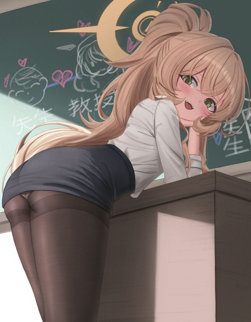 1girl absurdres alternate_costume ass bent_over black_pantyhose black_skirt blonde_hair blue_archive blush chalkboard classroom doli from_side green_eyes hair_between_eyes halo hand_support head_on_hand heart highres indoors leaning_forward leaning_on_table loli long_hair long_sleeves looking_at_another looking_at_viewer looking_back miniskirt open_mouth panties panties_under_pantyhose pantyhose pencil_skirt ponytail professor_niyaniya_(blue_archive) shirt shirt_tucked_in skirt sleeves_rolled_up smile solo standing sunlight teeth thighband_pantyhose underwear upper_teeth_only very_long_hair white_panties white_shirt yellow_halo
