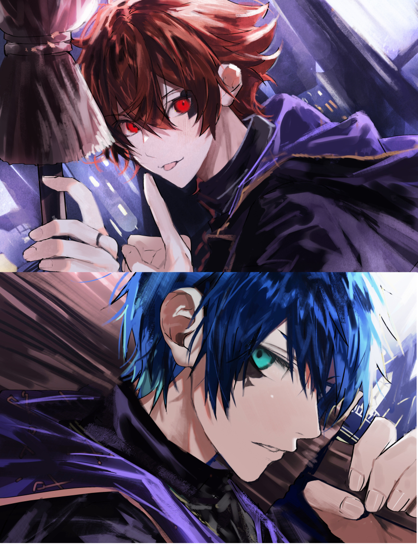 2boys :p abstract_background absurdres ace_trappola aqua_eyes blue_hair blush broom commentary_request deuce_spade facial_tattoo fingernails hair_between_eyes highres holding holding_broom hooded_robe index_finger_raised jewelry looking_at_viewer male_focus multiple_boys nana_tetra open_mouth parted_lips portrait purple_robe red_eyes red_hair ring robe short_hair tattoo teeth tongue tongue_out twisted_wonderland