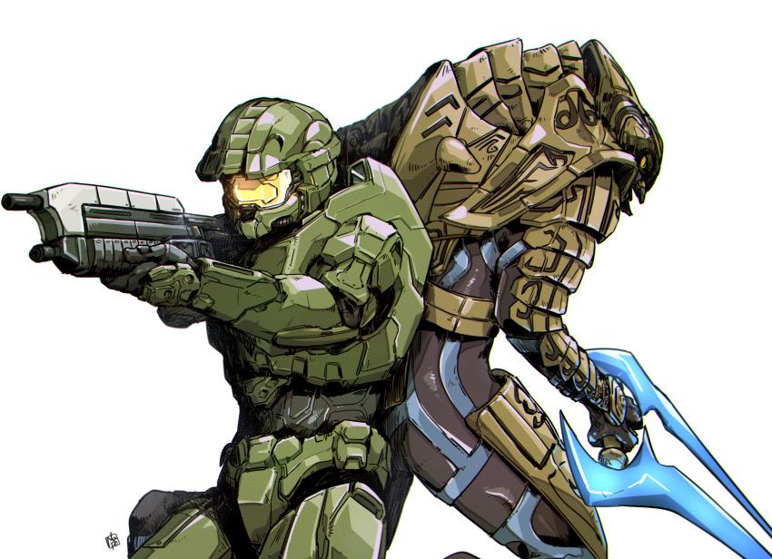 2boys absurdres alien animification arbiter armor assault_rifle assault_visor back-to-back black_eyes bullpup colored_sclera energy_sword gold_armor gun halo_(series) halo_3 helmet highres holding holding_gun holding_sword holding_weapon ma5 male_focus master_chief multiple_boys nasutetsu power_armor rifle simple_background spartan_(halo) sword thel&#039;vadam weapon white_background yellow_sclera