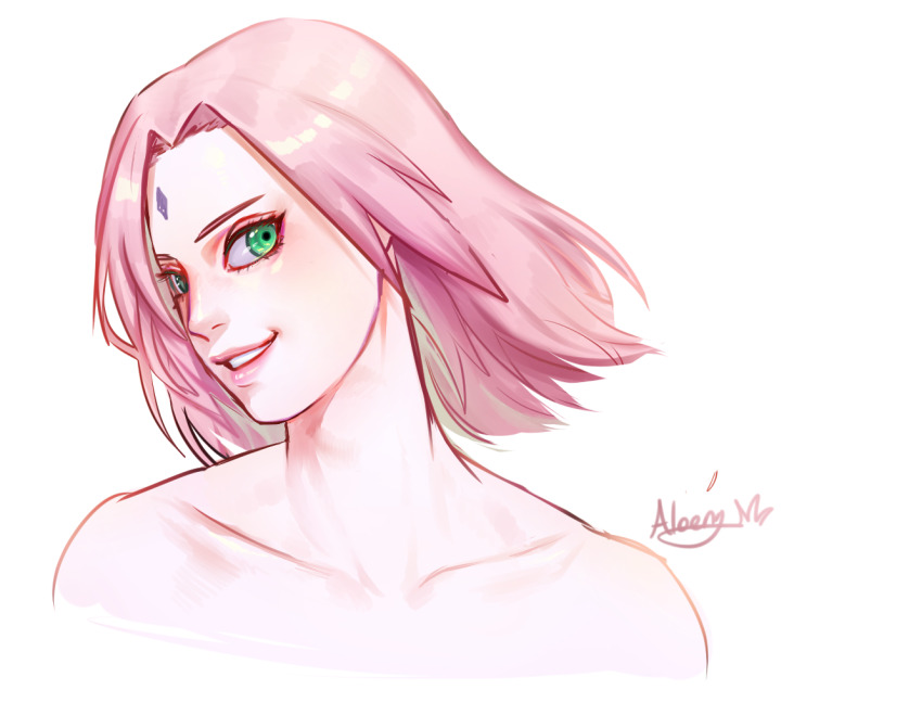 1girl bare_shoulders collarbone eyelashes facial_mark forehead_mark green_eyes hair_intakes haruno_sakura medium_hair naruto_(series) naruto_shippuuden pink_hair portrait qjqjqjql signature simple_background solo white_background