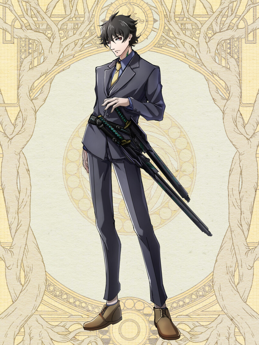 1boy black_hair black_pants black_suit brown_footwear dairoku_ryouhei formal_clothes full_body highres long_sleeves looking_at_viewer male_focus murakumo_genji necktie pants red_eyes sheath sheathed short_hair solo standing suit sword tsubaki_pbwfa weapon yellow_background yellow_necktie