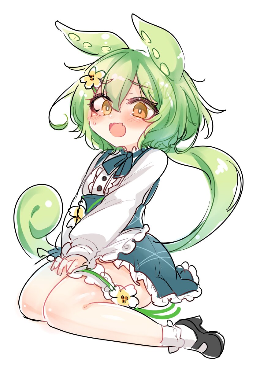1girl absurdres apron ayaya001 blush bobby_socks dress embarrassed flat_chest flower frilled_thigh_strap full_body green_hair hair_flower hair_ornament highres long_hair low_ponytail mary_janes open_mouth orange_eyes ponytail shoes simple_background sitting sketch socks solo thigh_strap voicevox waitress waitress_zundamon white_background zundamon