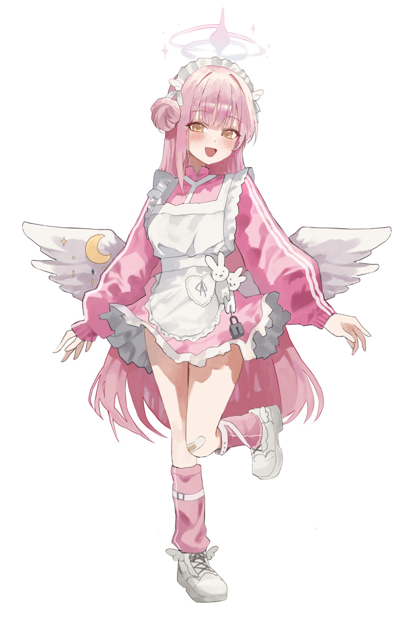 1girl absurdres alternate_costume apron bandaid bandaid_on_knee bandaid_on_leg blue_archive blush feathered_wings hair_between_eyes hair_bun hairband highres jacket long_hair looking_at_viewer maid_apron maid_headdress mika_(blue_archive) muffin_(loveenanag) open_mouth pink_hair pink_jacket pink_skirt pink_socks shoes sidelocks single_side_bun skirt socks solo white_apron white_hairband white_shoes wings yellow_eyes