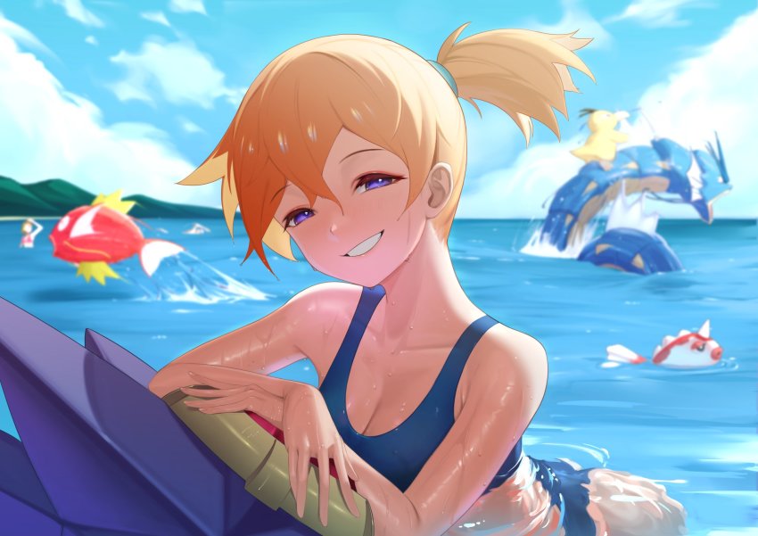 1girl adapted_costume ass asymmetrical_hair bikini blue_bikini blue_eyes breasts cleavage cowboy_shot gen_1_pokemon goldeen gyarados gym_leader highres komadera legs magikarp medium_breasts misty_(pokemon) navel nintendo orange_hair pokemon pokemon_(creature) pokemon_frlg ponytail psyduck shirt short_hair side_ponytail smile solo starmie swimsuit water