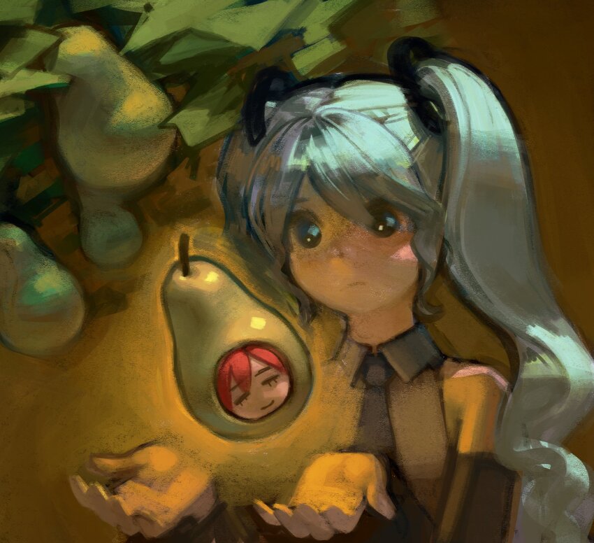 2girls detached_sleeves floating food fruit hatsune_miku highres kasane_teto long_hair multiple_girls necktie pear pearto rainbowdeww twintails utau vocaloid