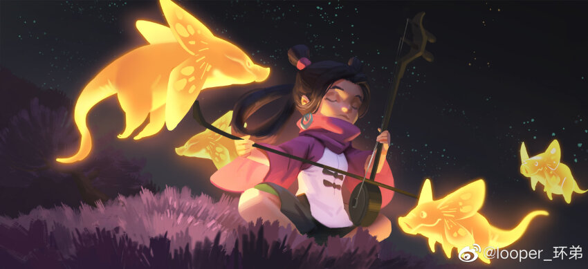 1girl bare_legs black_bow black_hair bow bow_(music) bow_button chinese_clothes closed_eyes closed_mouth creature dark double_bun earrings field floating_hair full_body glowing green_skirt hair_bun hair_rings hair_tie highres hill holding holding_bow_(music) instrument instrument_request jewelry knees_apart_feet_together long_hair long_sleeves looper_dd miniskirt music night night_sky on_grass original outdoors pink_shirt playing_instrument shirt sitting skirt sky solo star_(sky) starry_sky thick_eyebrows turtleneck turtleneck_shirt vest white_vest wide_sleeves wind