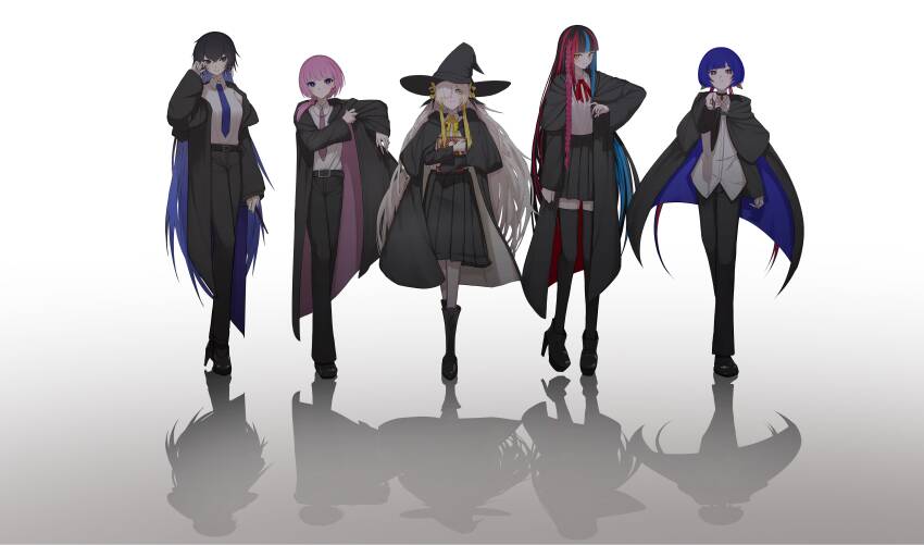 5girls absurdres adjusting_clothes adjusting_hair aqui2002 arm_up asymmetrical_bangs belt belt_buckle black_cloak black_coat black_eyes black_footwear black_hair black_pants black_robe black_skirt black_thighhighs blonde_hair blue_eyes blue_hair blue_necktie blunt_bangs bob_cut book boots bow bowtie braid bright_pupils buckle business_suit cloak coat colored_inner_hair combat_boots cross-laced_footwear double-parted_bangs dress_shirt earrings flower formal_clothes hair_flower hair_ornament hair_over_one_eye harusaruhi hat highres holding holding_book holding_wand hoop_earrings hugging_book hugging_object isekaijoucho jewelry kaf_(kamitsubaki_studio) kamitsubaki_studio knee_boots koko_(kamitsubaki_studio) light_blush light_smile long_hair long_skirt long_sleeves looking_at_viewer low-tied_medium_hair mole mole_under_eye multicolored_hair multiple_girls necklace necktie one_eye_covered pants pendant_choker pink_hair pink_necktie platform_footwear platform_heels pleated_skirt pointing pointing_at_viewer red_bow red_bowtie red_hair rim_(kamitsubaki_studio) robe shadow shirt shirt_tucked_in shoes short_hair side_braid simple_background skirt standing streaked_hair suit sunflower sunflower_hair_ornament thighhighs two-sided_cloak two-sided_coat two-sided_fabric two-sided_robe very_long_hair virtual_youtuber wand white_background white_shirt wing_collar witch_hat yellow_bow yellow_bowtie yellow_eyes