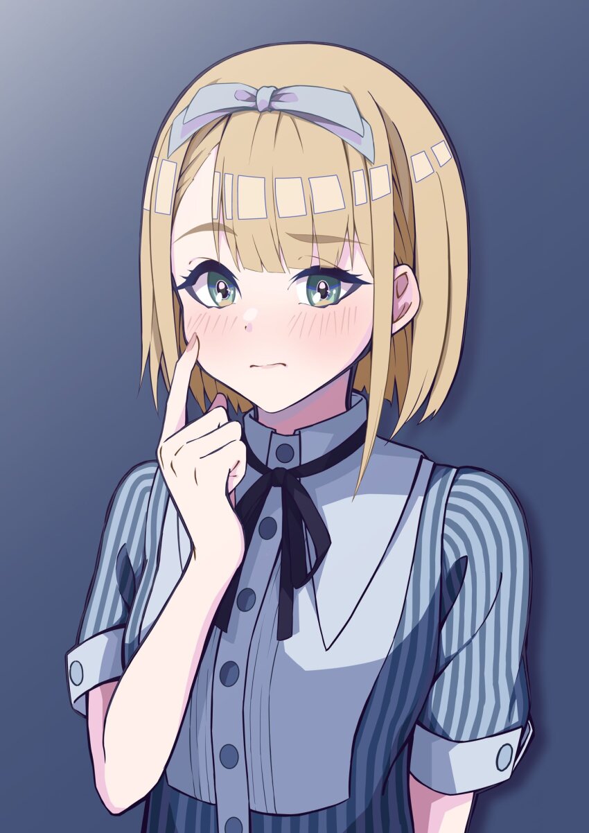 1girl 22/7 asymmetrical_bangs blonde_hair blue_background blue_bow blue_hairband bob_cut bow bow_hairband closed_mouth dress finger_to_cheek green_eyes hair_bow hairband highres index_finger_raised inverted_bob lionmaru0808 looking_at_viewer portrait rikaisha saito_nicole short_hair short_sleeves solo striped_clothes striped_dress vertical-striped_clothes vertical-striped_dress