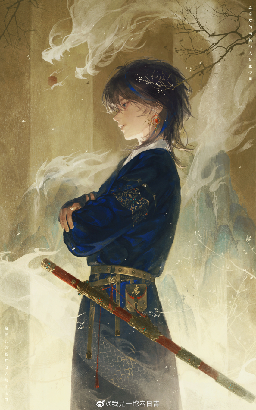1boy absurdres belt belt_pouch black_hair blue_eyes blue_hair blue_robe branch check_copyright chunriqingqaq commentary_request copyright_request cowboy_shot crossed_arms dragon dragon_print earrings eastern_dragon fog from_side gold_trim highres jewelry logo long_sleeves looking_ahead male_focus medium_hair multicolored_hair original painting_(object) pouch profile robe short_hair smoke solo standing streaked_hair sword wallpaper_(object) watermark weapon weibo_watermark