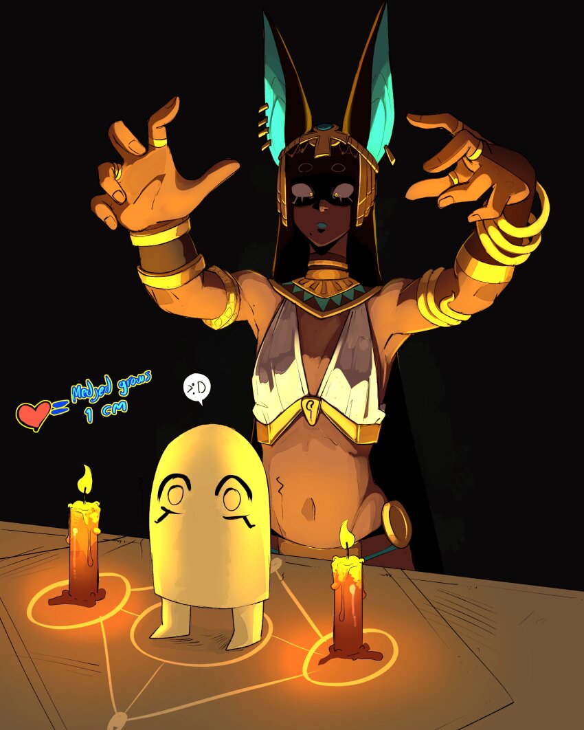 1girl absurdres ancient_egyptian_clothes animal_ears armlet black_hair breasts character_request cleavage_cutout clothing_cutout cupperexe dark_skin gold highres jewelry long_hair makeup medjed_(mythology) navel original solo