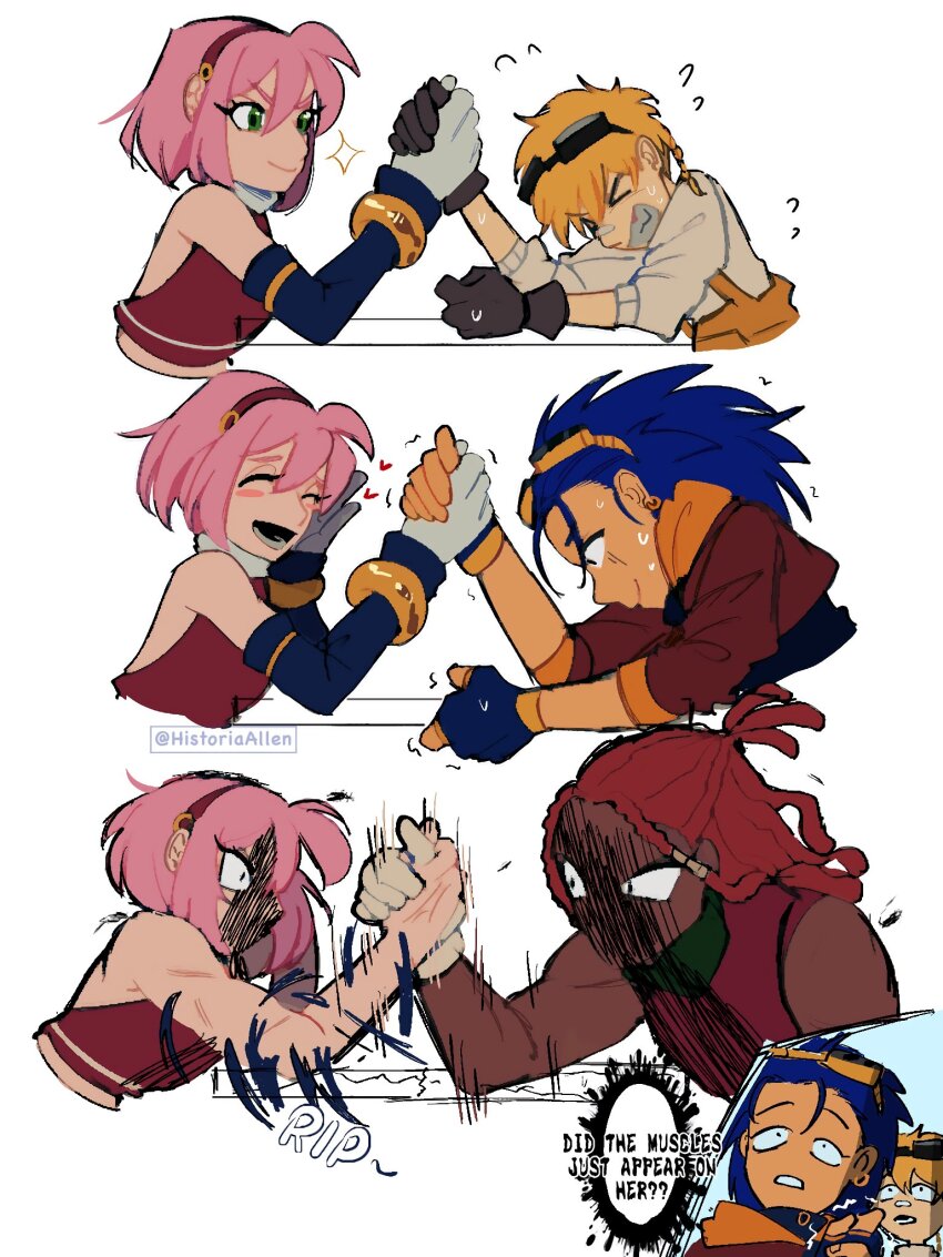 1girl 3boys amy_rose bare_shoulders black_gloves blue_hair brown_jacket clenched_teeth dark-skinned_male dark_skin dreadlocks english_text flying_sweatdrops from_side gloves goggles goggles_on_head hairband highres historiaallen jacket knuckles_the_echidna long_hair multiple_boys muscular muscular_female muscular_male personification pink_hair red_hair red_hairband short_hair simple_background smile sonic_(series) sonic_the_hedgehog tails_(sonic) teeth