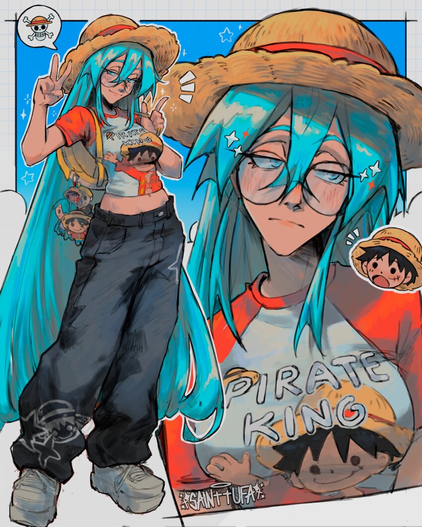 1boy 1girl :o absurdres artist_name backpack bag baggy_pants black_hair black_pants blue_eyes blue_hair blush border breasts character_charm character_request charm_(object) closed_mouth commentary cosplay dot_nose english_commentary english_text glasses hair_between_eyes half-closed_eyes hands_up hat hatsune_miku highres long_hair looking_at_viewer looking_back looking_to_the_side medium_breasts midriff_peek monkey_d._luffy monkey_d._luffy_(cosplay) multiple_views navel notice_lines one_piece open_mouth outside_border pants print_pants print_shirt red_shirt round_eyewear sainttufa shirt shoes short_hair short_sleeves solid_circle_eyes sparkle spoken_symbol standing straw_hat very_long_hair vocaloid white_shirt white_shoes yellow_bag
