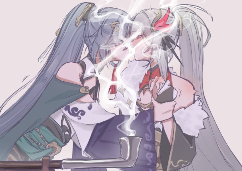 2girls chinese_clothes commentary_request fu_hua fu_hua_(azure_empyrea) fu_hua_(herrscher_of_sentience) grey_hair high_ponytail highres holding_another&#039;s_wrist honkai_(series) honkai_impact_3rd kiss long_hair multiple_girls ponytail red_eyes smoke smoking_pipe sukutsu very_long_hair yuri