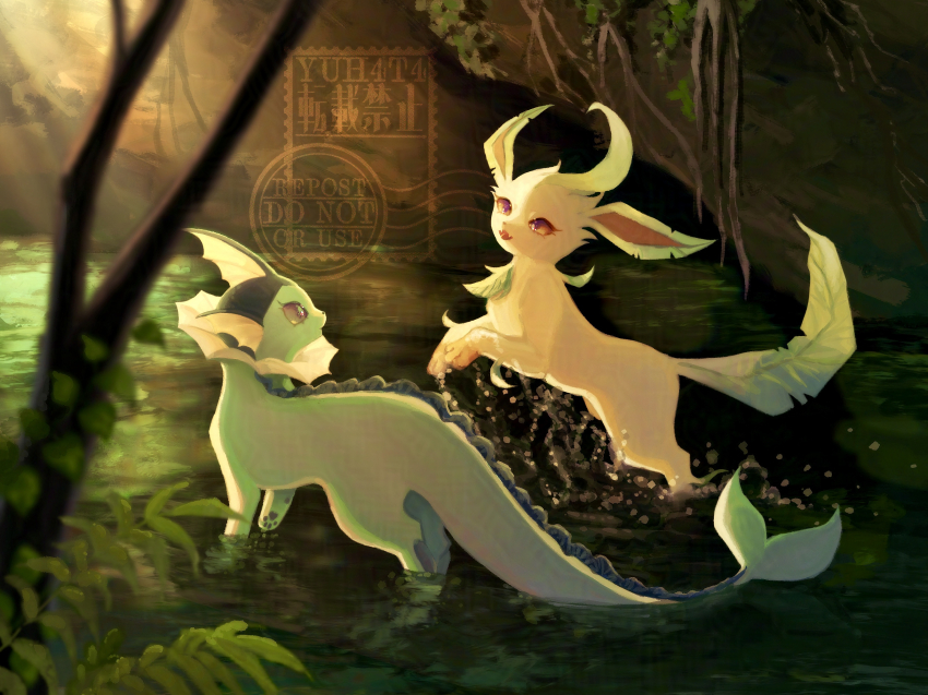 animal_focus artist_name blurry blurry_foreground brown_sclera colored_sclera eye_contact fangs from_behind gen_1_pokemon gen_4_pokemon happy highres jumping leafeon looking_at_another nintendo no_humans notched_ear open_mouth outdoors pawpads plant pokemon pokemon_(creature) purple_eyes smile splashing standing stream vaporeon vines wading water watermark yuhata_(yuh4t4)