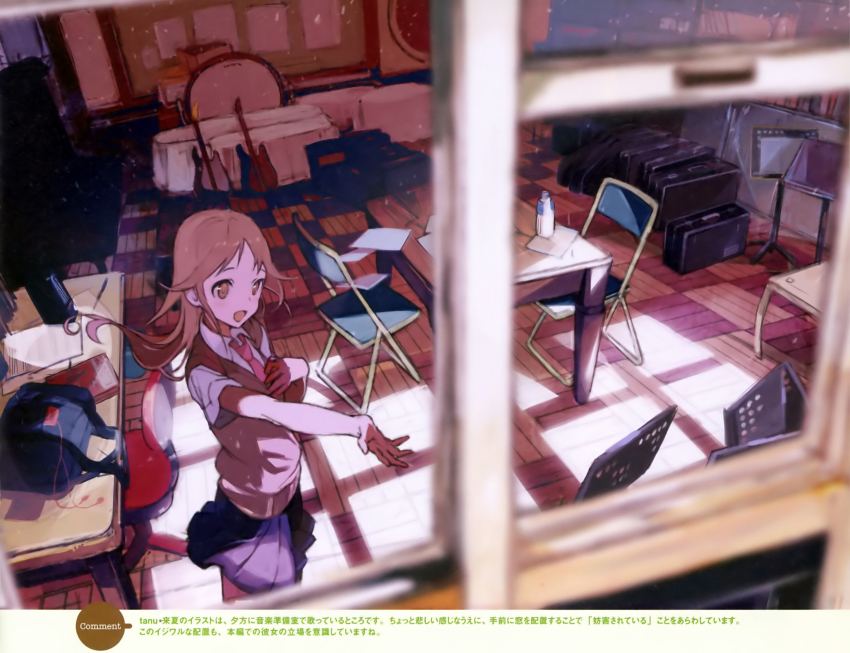 10s 1girl :d blurry bottle brown_eyes brown_hair chair classroom depth_of_field digital_media_player female_focus folding_chair hand_on_own_chest highres instrument instrument_case long_hair miyamoto_konatsu music_stand necktie office_chair official_art open_mouth outstretched_hand pleated_skirt scan school school_uniform skirt smile solo sweater_vest swivel_chair table tanu tari_tari trampoline vest water_bottle window_shadow