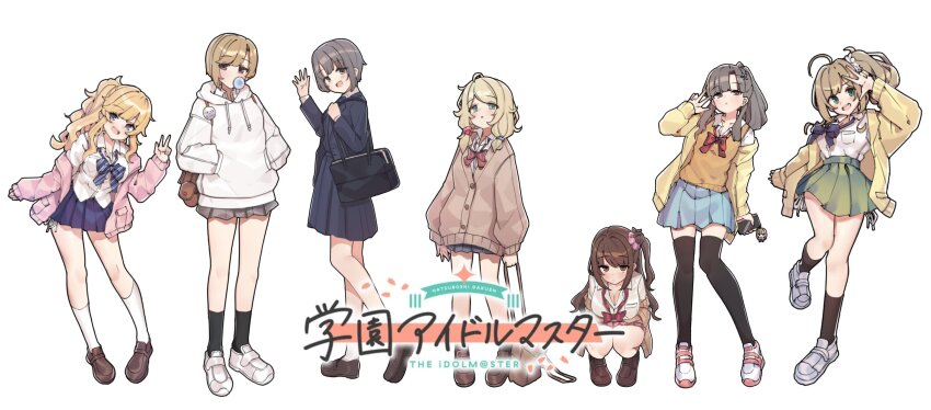 6+girls aa211108 ahoge aiba_yumi bag black_hair black_socks black_thighhighs blonde_hair blush bow bowtie brown_cardigan brown_hair cardigan chewing_gum commentary full_body gakuen_idolmaster gyaru half_updo highres hood hoodie idolmaster idolmaster_cinderella_girls kneehighs kobayakawa_sae kogal logo looking_at_viewer loose_bowtie multiple_girls ohtsuki_yui one_side_up otokura_yuuki pink_cardigan ponytail sato_shin school_bag school_uniform shimamura_uzuki shirt short_twintails side_ponytail simple_background smile socks symbol-only_commentary thighhighs twintails w white_background white_hoodie white_shirt white_socks yusa_kozue