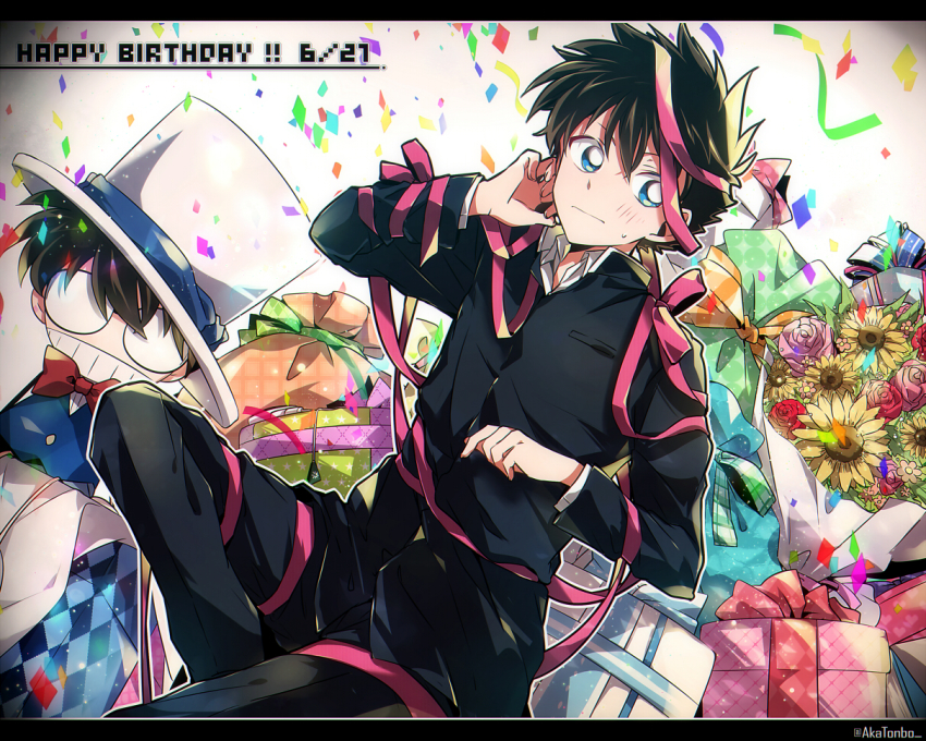 1boy aka_tonbo_(lililil) blue_eyes blush bouquet bow bowtie brown_hair character_doll confetti dated edogawa_conan flower gift happy_birthday kaitou_kid kuroba_kaito letterboxed magic_kaito male_focus meitantei_conan short_hair solo twitter_username uniform