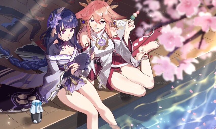 2girls animal_ears bare_legs bare_shoulders barefoot blunt_bangs blurry book braid branch breasts cherry_blossoms cleavage couple dango dango_milk_(genshin_impact) depth_of_field earrings falling_petals food from_above from_side genshin_impact hair_between_eyes hair_ornament hair_ribbon hand_up hands_up headpiece highres holding holding_book holding_food japanese_clothes jewelry knees_together_feet_apart leaning_to_the_side long_hair looking_at_object looking_down looking_to_the_side mole mole_under_eye multiple_girls narahazime neck_ribbon off_shoulder open_book open_mouth outdoors parted_lips pendant petals pink_nails purple_eyes purple_hair purple_nails raiden_shogun rainbow_gradient ribbon single_braid sitting smile sunlight thighs wagashi water wide-eyed yae_miko yuri