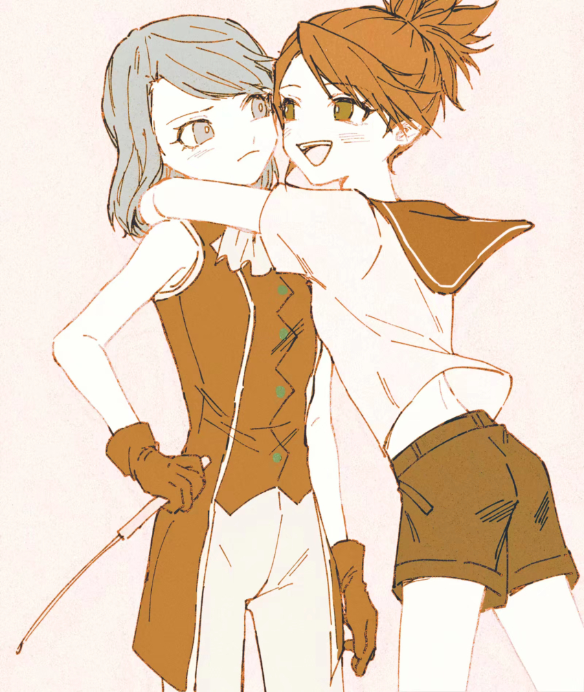 2girls ace_attorney aged_down ako_(eanaaati1) black_hair blue_eyes blue_hair child formal_clothes franziska_von_karma gloves green_eyes highres hug kay_faraday multiple_girls sailor_collar school_uniform shorts simple_background white_background