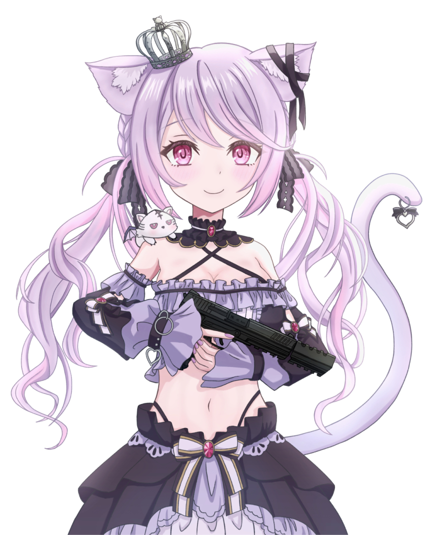 1girl animal_ears black_bow black_collar black_ribbon black_skirt black_sleeves black_tube_top blush bow bow_skirt breasts cat_ears cleavage closed_mouth collar commentary_request cowboy_shot criss-cross_halter crown detached_collar detached_sleeves ear_ribbon frilled_tube_top frills gun hair_bow halterneck handgun highres holding holding_gun holding_weapon ina_uruu long_hair looking_at_viewer low_twintails medium_breasts midriff mini_crown nanashi_inc. natsuki_aya navel pink_eyes pink_hair ribbon simple_background skirt smile solo strapless suppressor tube_top twintails two-tone_bow virtual_youtuber weapon white_background white_bow
