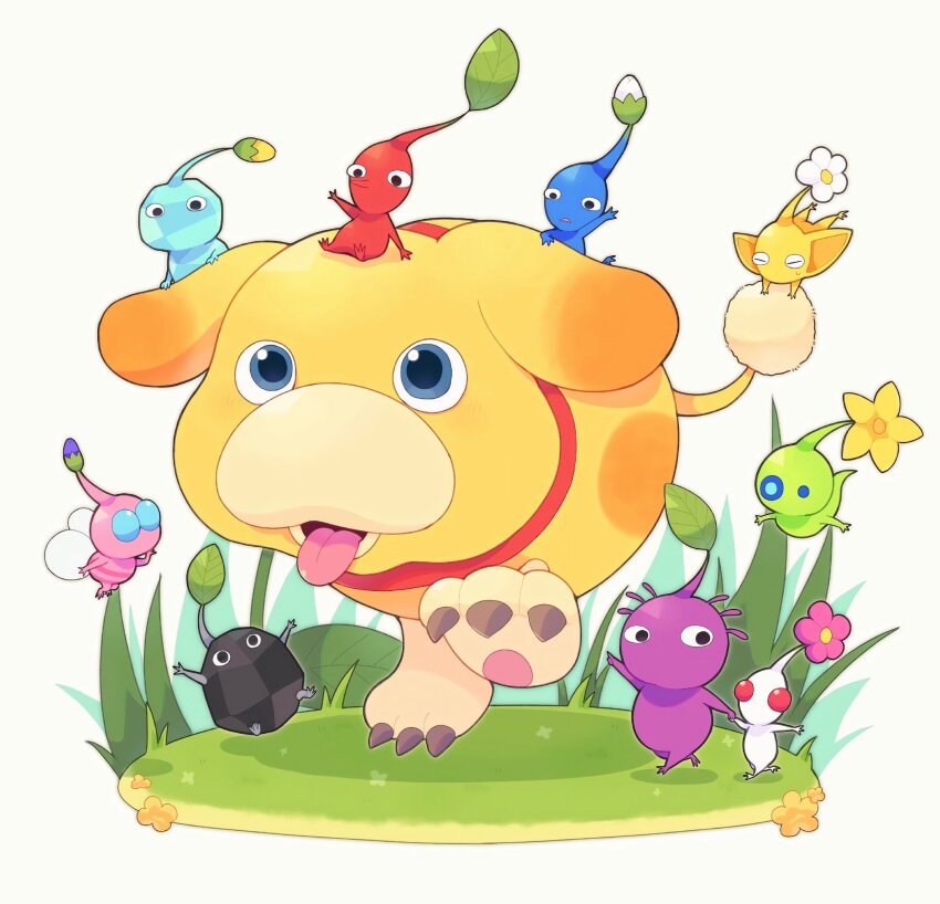 blue_pikmin glow_pikmin grass highres ice_pikmin mofupoyo nintendo no_humans otachi pikmin_(creature) pikmin_(series) pikmin_4 purple_pikmin red_pikmin rock_pikmin tongue tongue_out white_pikmin winged_pikmin yellow_pikmin