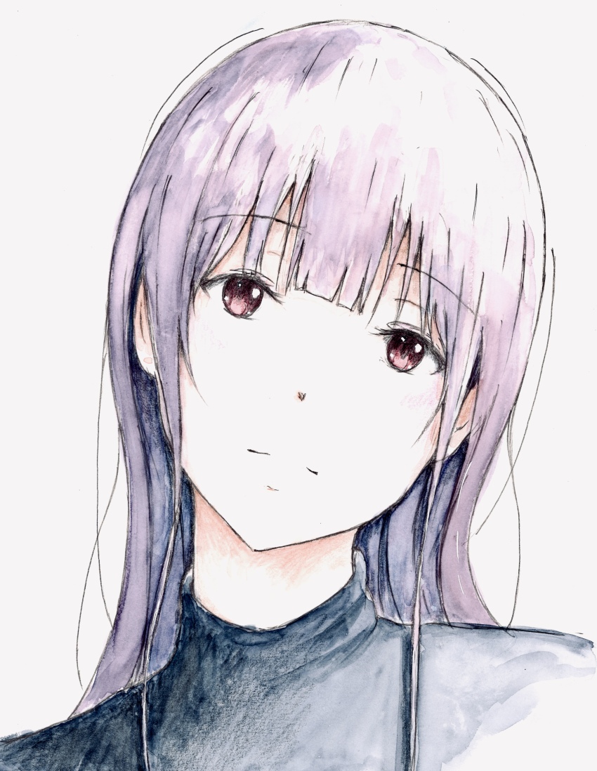 1girl absurdres bbmasa blunt_bangs closed_mouth commentary_request gradient_background grey_background hibike!_euphonium highres liz_to_aoi_tori long_hair looking_at_viewer portrait purple_hair red_eyes solo traditional_media yoroizuka_mizore