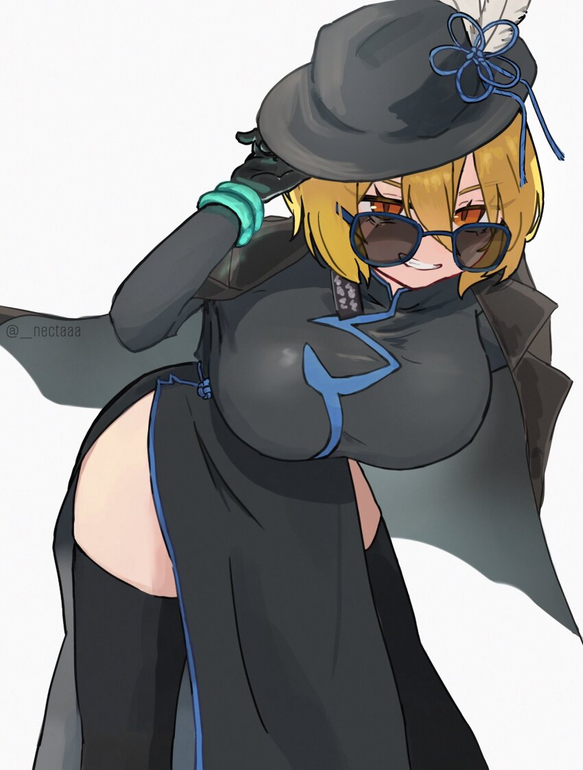 1girl black_coat black_dress black_gloves black_hat black_thighhighs blonde_hair bracelet breasts china_dress chinese_clothes coat coat_on_shoulders don_quixote_(project_moon) dress earrings cinq_east_(identity)_(project_moon) gloves grin hat highres jewelry large_breasts limbus_company long_sleeves looking_at_viewer nectaaa open_mouth partially_opaque_sunglasses project_moon round_eyewear short_hair side_slit simple_background single_earring single_glove smile solo sunglasses teeth thighhighs tilted_headwear tilted_headwear white_background yellow_eyes