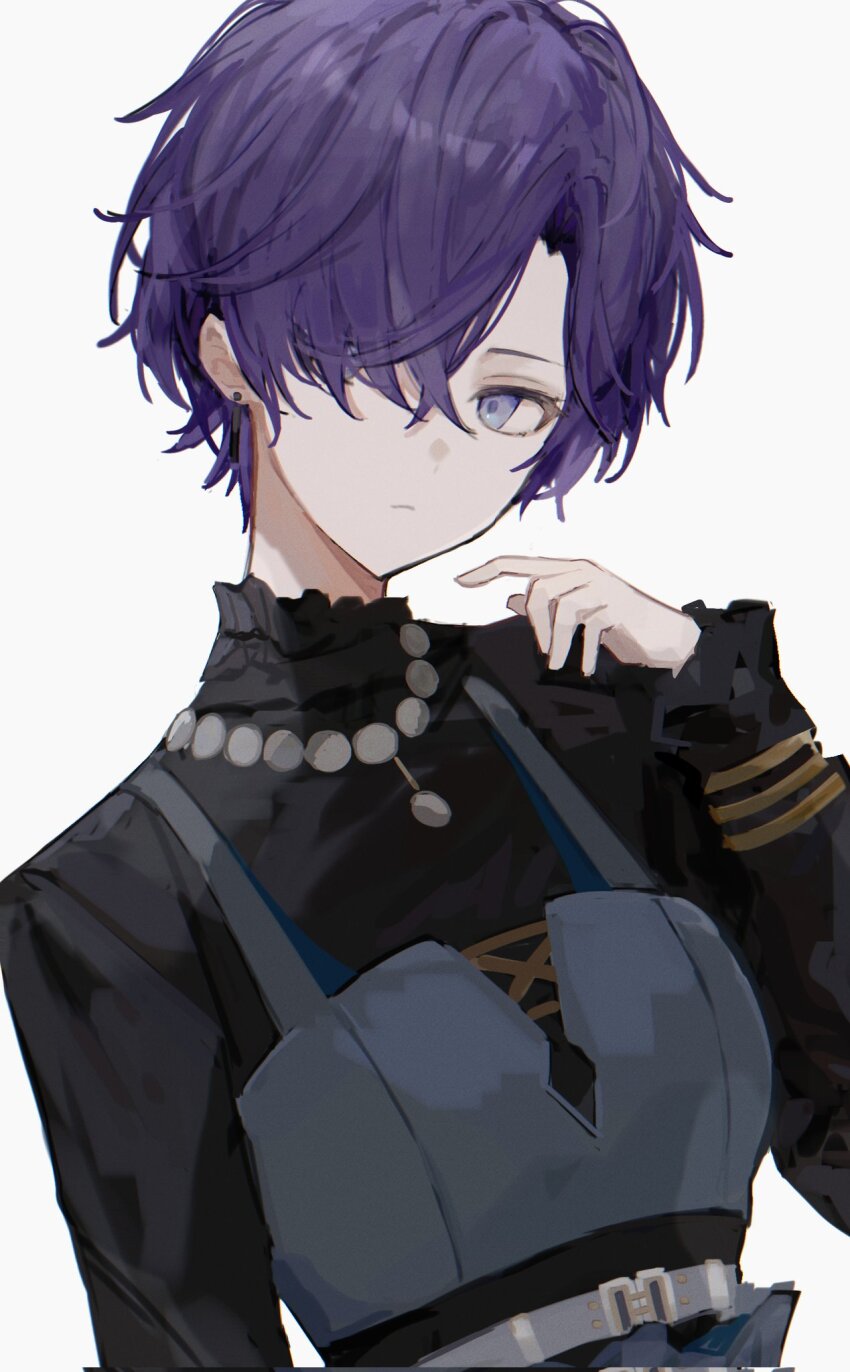 1girl androgynous arm_at_side asahina_mafuyu belt black_shirt bracelet closed_mouth collar colorful_festival_(project_sekai) cosplay earrings expressionless frilled_collar frills hair_over_one_eye hand_up highres jewelry long_sleeves looking_to_the_side meiko_(vocaloid) meiko_(vocaloid)_(cosplay) multiple_bracelets necklace official_alternate_costume official_alternate_hair_length official_alternate_hairstyle ouji_fashion parted_hair pearl_necklace project_sekai purple_eyes purple_hair relax_teatime_(project_sekai) reverse_trap shirt short_hair sideways_glance simple_background solo upper_body very_short_hair vocaloid white_background yukiusagi_(yukiusagi_52)