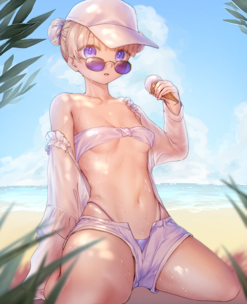 1girl absurdres beach bikini blue_sky breasts cloud cloudy_sky commentary_request day double_bun food hair_bun hat highres hololive hololive_dev_is ice_cream legs_folded looking_at_viewer navel off_shoulder outdoors plant purple_eyes short_shorts shorts sitting sky small_breasts solo stomach sunglasses sweat swimsuit todoroki_hajime tsuwamun unzipped virtual_youtuber water