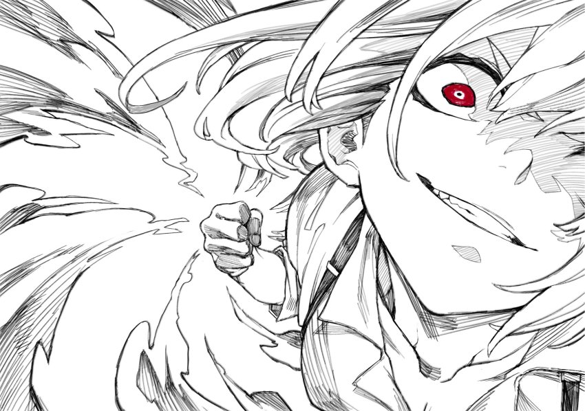 1girl akino_tsuki clenched_hand fujiwara_no_mokou grin highres incoming_attack long_hair looking_at_viewer monochrome punching red_eyes shaded_face shirt simple_background smile solo spot_color suspenders touhou upper_body white_background white_hair white_shirt