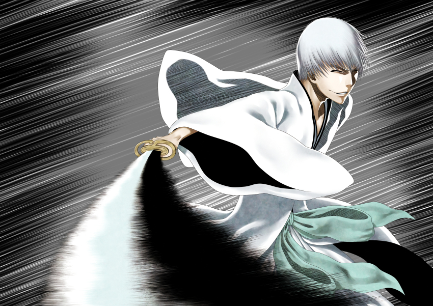 1boy ^_^ absurdres bleach bleachist closed_eyes commentary cowboy_shot facing_viewer floating_clothes grey_hair highres holding holding_sword holding_weapon ichimaru_gin incoming_attack japanese_clothes kimono kubo_tite_(style) long_sleeves male_focus motion_blur motion_lines nose official_style outstretched_arm parted_lips shaded_face short_hair simple_background smile solo sword v-shaped_eyebrows wakizashi weapon white_kimono wide_sleeves
