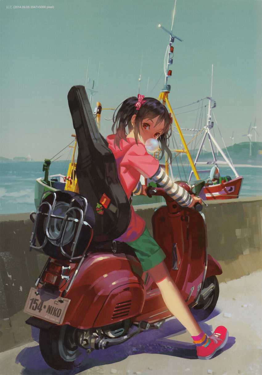 10s 1girl absurdres alphonse_(white_datura) breasts character_name dated day female_focus guitar_case highres instrument_case layered_sleeves long_sleeves love_live! love_live!_school_idol_project motor_vehicle motorcycle outdoors red_eyes red_shoes ribbon scooter shoes short_over_long_sleeves short_sleeves shorts small_breasts socks solo spare_tire twintails unused_tire vehicle vespa yazawa_nico