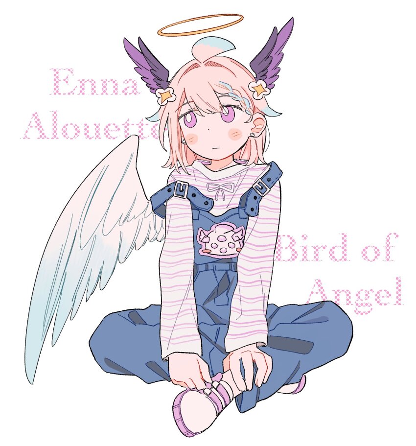 1girl ahoge aloupeep_(enna_alouette) aqua_hair blonde_hair blue_overalls blush_stickers braid character_name crossed_legs dot_nose earrings enna_alouette expressionless full_body hair_intakes halo head_wings highres jewelry looking_to_the_side medium_hair multicolored_hair nijisanji nijisanji_en overalls purple_eyes side_braid simple_background single_wing sitting solo strap_slip streaked_hair virtual_youtuber white_background wings zenrarca017
