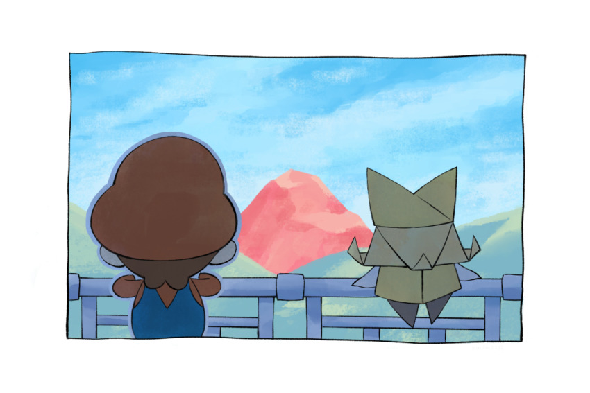 1boy 1girl blonde_hair blue_overalls blue_sky border brown_hair newsboy_cap cloud commentary_request cowboy_shot dama8457 day floating from_behind full_body hat long_hair long_sleeves mario mario_(series) mountain nintendo olivia_(paper_mario) origami outdoors outline overalls paper paper_mario paper_mario:_the_origami_king railing red_hat red_shirt shirt short_hair sky white_border white_outline yellow_hat yellow_shirt