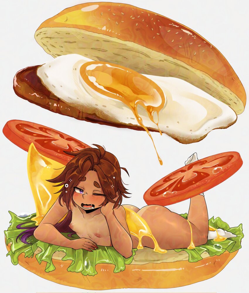 1girl ass breasts brown_hair burger cheese chocotoffy commentary completely_nude drooling english_commentary fang food fried_egg full_body gradient_hair highres lettuce lying mini_person minigirl multicolored_hair nipples nude on_stomach open_mouth original petite purple_eyes purple_hair raised_eyebrow small_breasts socks solo tan tanline thick_eyebrows thighs tomato waking_up watermark white_socks