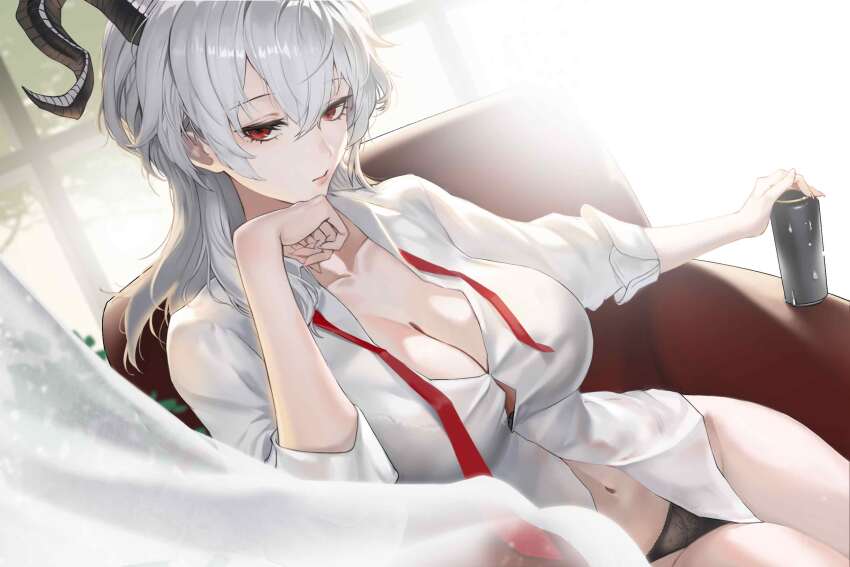 1girl black_horns black_panties breasts can cleavage closed_mouth collarbone collared_shirt commentary couch curled_horns curtains drink_can feet_out_of_frame hair_between_eyes highres holding holding_can horns indoors large_breasts long_hair navel necktie no_pants on_couch panties rain_yoo red_eyes red_necktie shirt sitting solo stomach thighs underwear undone_necktie white_shirt window wuthering_waves zani_(wuthering_waves)