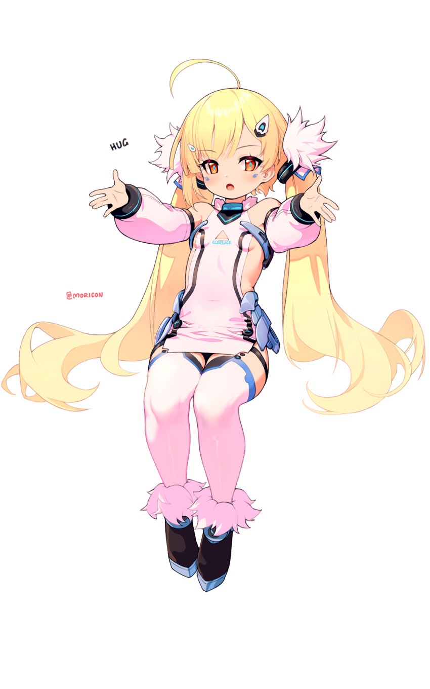 1girl absurdres ahoge azur_lane bare_shoulders blonde_hair blush breasts clothing_cutout commentary detached_sleeves eldridge_(azur_lane) full_body fur-trimmed_footwear fur_trim highres huge_ahoge long_hair looking_at_viewer open_mouth orange_eyes pg_(pege544) sideboob simple_background sitting small_breasts solo thigh_strap twintails twitter_username very_long_hair white_background