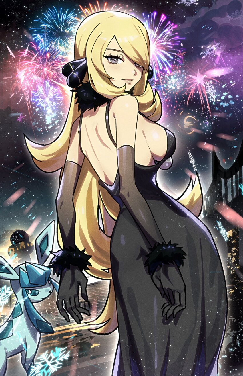 1girl absurdres alternate_costume ass bare_shoulders black_dress black_gloves black_sleeves blonde_hair breasts closed_mouth commentary creature cynthia_(pokemon) detached_sleeves dress english_commentary fireworks formal_clothes fur-trimmed_gloves fur_trim gen_4_pokemon glaceon gloves grey_eyes hair_ornament highres large_breasts long_hair night nintendo outdoors pokemon pokemon_(creature) pokemon_dppt ryairyai sideboob sleeveless sleeveless_dress smile swept_bangs