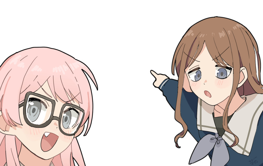 2girls bang_dream! bang_dream!_it&#039;s_mygo!!!!! blue_eyes blue_shirt blush brown_hair chihaya_anon commentary_request diagonal-striped_clothes diagonal-striped_necktie fang glasses grey_eyes grey_neckerchief hanasakigawa_school_uniform highres meme multiple_girls mygo!!!!!_(bang_dream!) nagasaki_soyo neckerchief necktie parted_bangs pink_hair pointing school_uniform shiny_sung shirt striped_clothes two_soyjaks_pointing_(meme)
