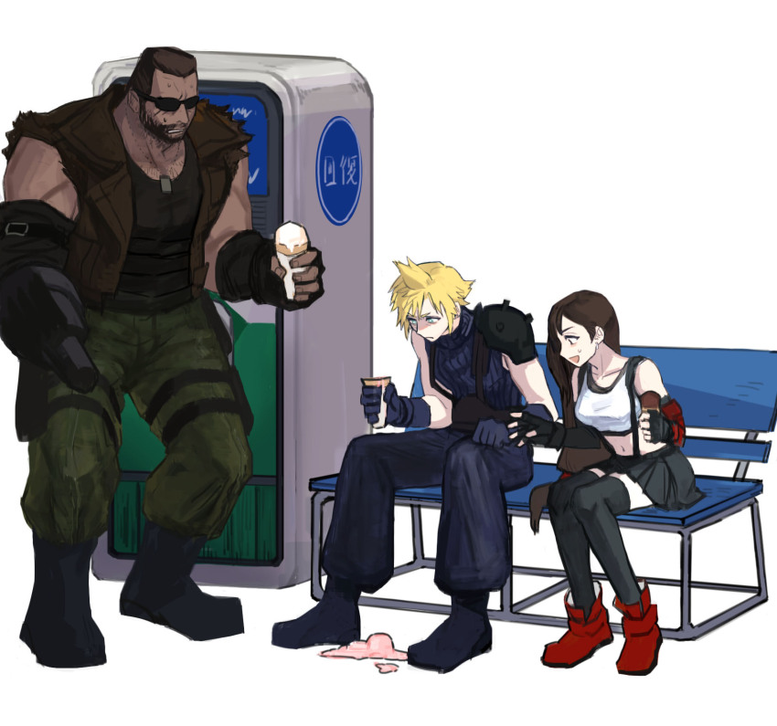 1girl 2boys arm_cannon armor barret_wallace belt bench black_belt black_gloves black_shirt black_skirt blue_eyes blue_pants blue_shirt boots breasts brown_eyes brown_hair brown_vest chest_hair closed_mouth cloud_strife collarbone crew_neck crop_top dark-skinned_male dark_skin final_fantasy final_fantasy_vii final_fantasy_vii_remake fingerless_gloves food frown gloves green_pants hand_on_own_thigh highres holding holding_food ice_cream ice_cream_cone ice_cream_cone_spill lapels long_hair midriff multiple_boys navel notched_lapels on_bench open_clothes open_vest pants partially_shaded_face pauldrons pleated_skirt pouch shirt shoulder_armor side-by-side simple_background single_pauldron sitting skirt small_sweatdrop standing sunglasses suspenders thigh_belt thigh_pouch thigh_strap thighhighs tifa_lockhart torn_clothes torn_sleeves turtleneck user_juum7353 vending_machine very_long_hair vest weapon white_background white_shirt