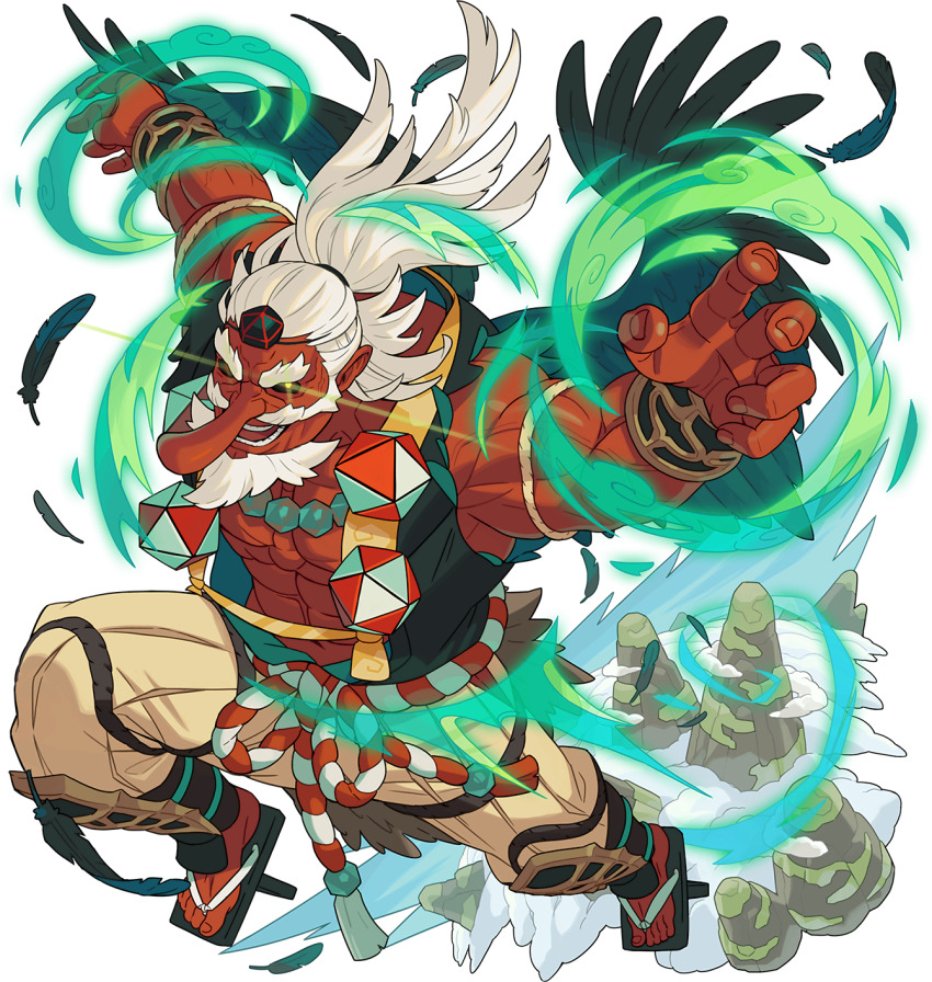 1boy abs arms_up artist_request aura beard biceps black_footwear black_hat black_sclera black_wings bracer cloud colored_sclera colored_skin day facial_hair feathered_wings feathers fingernails flying from_above full_body geta gouran_(world_flipper) green_vest hair_tie happy hat highres icosahedron jewelry jumping kouhaku_nawa large_pectorals leg_up long_hair long_nose looking_at_viewer male_focus midair mini_hat moss mountain muscular muscular_male mustache necklace non-web_source official_art open_clothes open_mouth open_vest outdoors outstretched_arm outstretched_arms pants pectorals ponytail red_skin rope sandals shimenawa shin_guards smile solo teeth tengu tengu-geta thick_eyebrows tokin_hat torn_vest traditional_youkai transparent_background veins vest white_hair wings world_flipper yellow_eyes yellow_pants